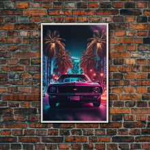 Load image into Gallery viewer, American Muscle Car on Sunset Strip, Retro Synthwave Art, Framed Canvas Print, Gift For Him, Muscle Car Art