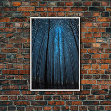 Load image into Gallery viewer, Birch Tree Forest At Night, Starry Night Sky, Framed Canvas Print, Boho Minimalist Farmhouse Decor, Primitive Art