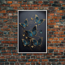 Load image into Gallery viewer, Blue Butterflies Canvas Print Wall Art, Blue and Gold Butterfly Canvas Painting, Butterfly Wall Decor, Home Gift, ready to hang decor