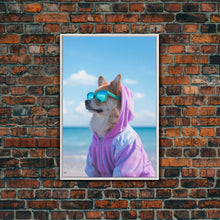 Cargar imagen en el visor de la galería, Corgi In Purple Hoodie Sunglasses Wall Print, Beach Art, Dog Print, Dog Portrait, Framed Wall Art, Framed Canvas, Wall Print, Wall Canvas