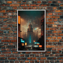 Load image into Gallery viewer, Art Deco Cyberpunk Cityscape Canvas Print, Scifi art, cool wall art for mancave, dystopian art, architecture