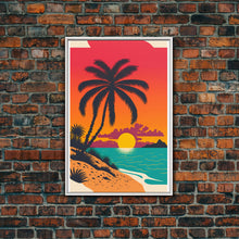 Carregar imagem no visualizador da galeria, Framed Canvas Print - Art Deco Sunset, Beaches, Minimalist Palm trees - Island Vibes - Retro Tropical Art - Pop Art Beach Decor