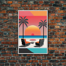 Cargar imagen en el visor de la galería, Framed Canvas Print - Art Deco Sunset, Minimalist Beach, Palm Trees, Retro Style, Synthwave, Vaporwave, Minimalist Abstract Decor