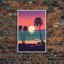 Carregar imagem no visualizador da galeria, Framed Canvas Print - Art Deco Sunset, Palm Trees, Synthwave Vibes, Beach Decor, Vaporwave Pink Art, Miami Vibes