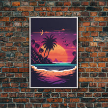 Carregar imagem no visualizador da galeria, Framed Canvas Print - Pop Art Style Beach at Sunset with Palm Trees - Retro Style - Living Room / Office / Bedroom Wall Art