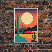 Load image into Gallery viewer, Pop Art Framed Canvas Print of Desert Landscape at Sunset, Outrun Style Sunset Full Moon Art, Unique 80s Vibe Retro Art, Art Deco