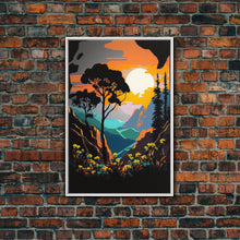 Load image into Gallery viewer, Colorful Pop Art Picture of a Mountain and Forest Landscape, Framed Canvas Print, Surrealist High Contrast Cel Shaded Landscape Art