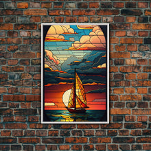 Load image into Gallery viewer, Art Deco Wall Art, Sailboat and Sunset Framed Canvas Print, Art Deco / MCM Wall Art, Stained Glass Reflections