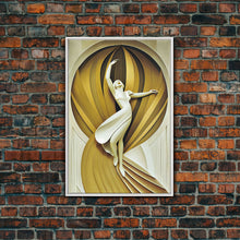 Cargar imagen en el visor de la galería, Art Deco Sculpture Canvas Print, Framed Wall Art, 1930s Inspired Retro Art, White and Gold Ballerina