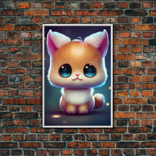 Load image into Gallery viewer, Cute Kawaii Kitten, Anime Style Art, Framed Canvas Print, Framed Art, Cat Portrait, Cartoon Cat, Kawaii Artwork