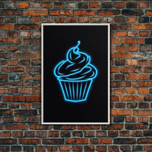 Load image into Gallery viewer, Blue Neon Lights Cupcake Wall Decor, Kitchen Wall Art, Glowing Art, Minimalist Print, Wall Decor, Canvas Print, Wall Art, Framed Canvas