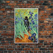 Load image into Gallery viewer, Funny Cat Print, Vincent Van Gogh Inspired Irises Black Cat Wall Art, Framed Canvas Print, Poster Art, Funny Gift, Home Decor Wall Art