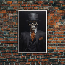 Load image into Gallery viewer, Spooky Skeleton Business Man, Halloween Art, Framed Canvas Print, Halloween Canvas, Skeleton Painting, Victorian Gothic Decor