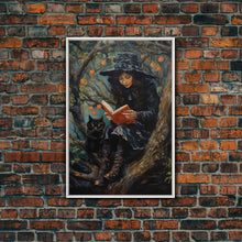 Load image into Gallery viewer, Cute Witch Reading Spells To Her Black Cat Familiar, Vintage Halloween Art, Framed Canvas Print, Halloween Canvas Art, Witchcraft
