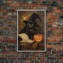 Cargar imagen en el visor de la galería, Cute Witch Cat Reading Her Book Of Spells, Vintage Halloween Art, Framed Canvas Print, Halloween Canvas Art, Witchcraft