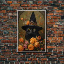 Carregar imagem no visualizador da galeria, Cute Witch's Familiar Cat Halloween Art, Cat Witch, Cat Painting, Cute Cat Print, Halloween Decor, Black Cat Print, Framed Canvas / Canvas