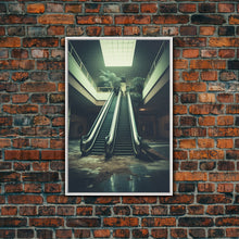 Load image into Gallery viewer, Escalator, Abandoned Building, Moody Wall Art, Horror Art Print, Canvas Print, Wall Hanging, Portrait Art, Nerdy Home Decor, Bedroom Prints