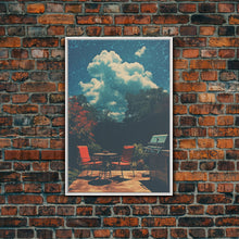 Load image into Gallery viewer, Back Yard Chillin', Summer Vibes, Framed Canvas Print, Retro Midcentury Modern BBQ Art, BBQ During An Eclipse, Liminal Art, Minimalist MCM