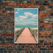 Load image into Gallery viewer, Beach Boardwalk, Vaporwave Summer Vibes, Framed Canvas Print, Retro Midcentury Modern Art, Liminal Art, Minimalist MCM Lakehouse Art