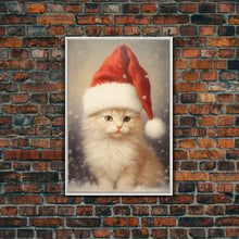 Carregar imagem no visualizador da galeria, Cute White Kitten In A Christmas Hat, Farmhouse Christmas, Farmhouse Decor, Framed Canvas Print Seasonal Wall Art Winter Decor Christmas Art