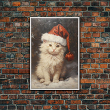 Cargar imagen en el visor de la galería, Christmas Cat In A Christmas Hat, Farmhouse Christmas, Farmhouse Decor, Framed Canvas Print, Seasonal Wall Art, Winter Decor, Christmas Art