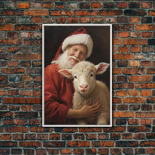 Carregar imagem no visualizador da galeria, Farmhouse Christmas Decor, Santa And A Little Sheep, Framed Canvas Print, Christmas Wall Art, Xmas Art, Christmas Art Print, Santa Decor