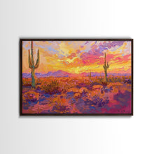 Load image into Gallery viewer, Desert Cactus Sunset Painting Framed Canvas Print, Western Decor, Southwest Wall Art, Arizona Painting, Landscape Painting, Farmhouse Decor