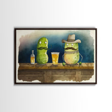 Load image into Gallery viewer, Funny Pickles In A Bar, Watercolor Painting Print, Framed Wall Art, Funny Decor, Kitsch Art, Framed Canvas Pickle Art
