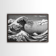 Load image into Gallery viewer, Black and White Wave Canvas Print, Hokusai Inspired Wall Art, Japanese Style Wall Art, Living Room Home Decor, Unique Wall Art