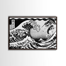 Load image into Gallery viewer, Beautiful Black and White Ocean Wave Wall art, Framed Canvas Print, Retro Japanese Inspired Hokusai Style Wave Art