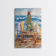 Cargar imagen en el visor de la galería, Christmas tree with surfboards on the beach, Framed Canvas Print tropical holiday wall art perfect beach Christmas decor holiday gift idea