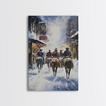 Load image into Gallery viewer, Cowboys Riding Into Town On Christmas, Western Christmas Decor, Framed Canvas Print, Christmas Outdoor Decor, Christmas poster