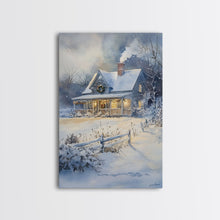 Cargar imagen en el visor de la galería, Christmas Cottage Wall Art, Framed Canvas Print, Winter Wonderland Landscape Print