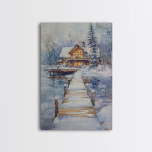 Cargar imagen en el visor de la galería, Christmas At The Lake, Framed Canvas Print, Wood Frame Lake House Decor, Winter Lakehouse Art