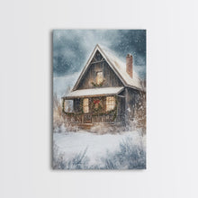 Load image into Gallery viewer, Beautiful Woods Cabin Framed Canvas Print, Extra Large Fall Decor, Mid Century Modern Winter Wall Art, Modern Christmas
