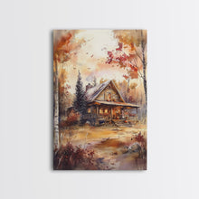 Load image into Gallery viewer, Beautiful Woods Cabin Framed Canvas Print, Extra Large Fall Decor, Mid Century Modern Autumn Wall Art, Modern Christmas