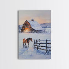 Load image into Gallery viewer, Christmas On The Farm, Winter Wall Art Framed Canvas Print, Gift Idea, Seasonal Decor, Barn Painting, Farmhouse Art
