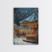 Load image into Gallery viewer, Christmas Carousel at a Snowy Night Market with Festive Lights and Ornaments, Framed Canvas Print for Christmas Wall Decor