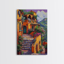Carregar imagem no visualizador da galeria, Framed Canvas Print Tall Art Mexican Style Scenic Steps Lined With Colorful Flowers And Architecture
