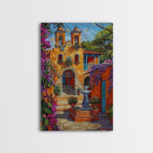 Cargar imagen en el visor de la galería, Bright Mexican Style Tall Art Framed Canvas Print Depicting Ornate Blue Door And Rustic Courtyard