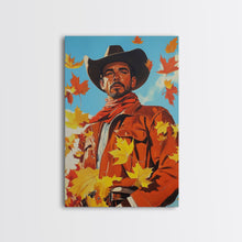 Load image into Gallery viewer, Autumn Cowboy Holiday Decor Framed Canvas Print with Leaves, Colorful Seasonal Wall Art Gift Idea 2024