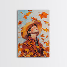 Load image into Gallery viewer, Cowboy Fall Decor Canvas Print with Windblown Leaves, Rustic Farmhouse Autumn Holiday Wall Art Seasonal Gift Idea 2024
