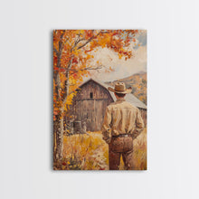 Carregar imagem no visualizador da galeria, Autumn Cowboy Barn Framed Canvas Print - Fall Harvest Country Wall Art Best Gift Idea 2024 Rustic Farmhouse Decor