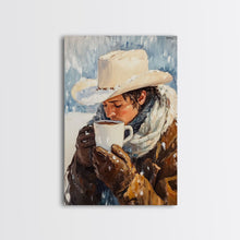 Load image into Gallery viewer, Cowboy Drinking Hot Cocoa Framed Canvas Print - Cozy Winter Wall Art 2024 Rustic Christmas Decor and Gift Idea
