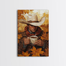 Load image into Gallery viewer, Cowboy Holding Hot Drink Framed Canvas Print - Moody Winter Landscape Art Perfect 2024 Christmas Wall Decor