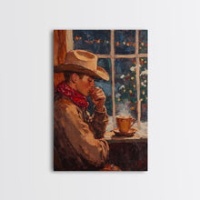 Load image into Gallery viewer, Cowboy in Snow with Coffee Framed Canvas Print - Winter Country Scene Art 2024 Cozy Christmas Wall Decor and Gift Idea