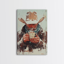 Load image into Gallery viewer, Cowboy Riding Horse in Winter Forest Framed Canvas Print - Moody Winter Landscape Art Perfect 2024 Christmas Home Decor