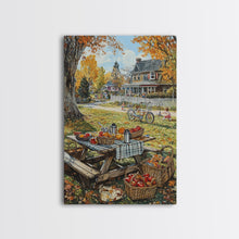 Carregar imagem no visualizador da galeria, Autumn Picnic Outdoors Tall Art Framed Canvas Print With Basket Of Apples, Fall Scene Wall Art, Country Farmhouse Decor For Kitchen
