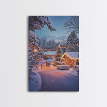 Cargar imagen en el visor de la galería, Classic Winter Christmas Neighborhood Framed Canvas Print Tall Art With Lights And Christmas Tree, Holiday Wall Art Home Decor