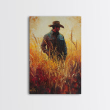 Load image into Gallery viewer, Cowboy in Golden Wheat Field Canvas Print, Western Landscape Art Gift, Seasonal Decor, Modern, Perfect Holiday Gift, Framed Canvas Print
